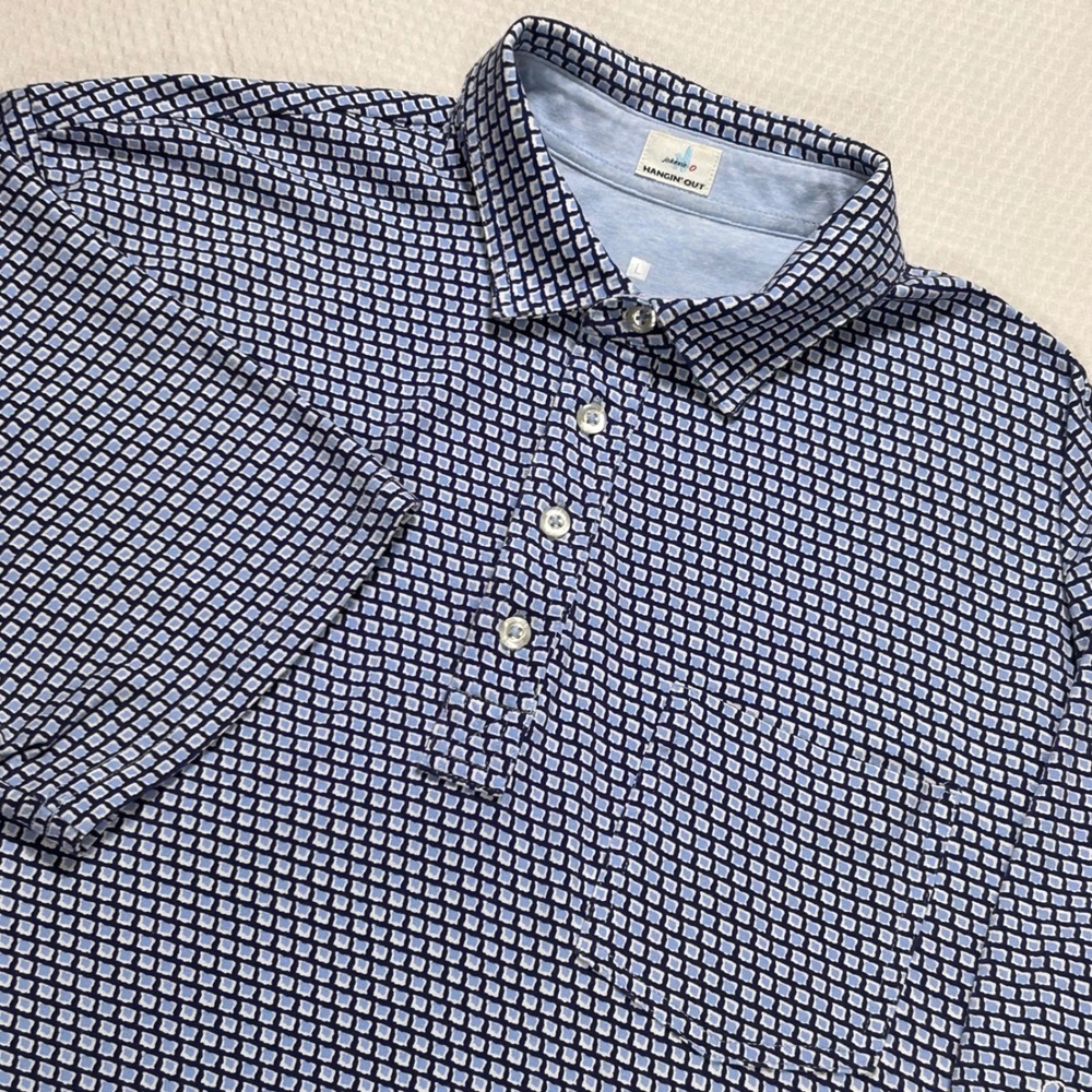 Johnnie-O Dennis Hangin Out Polo Shirt Gold Canyon Blue Geometric Mens L
